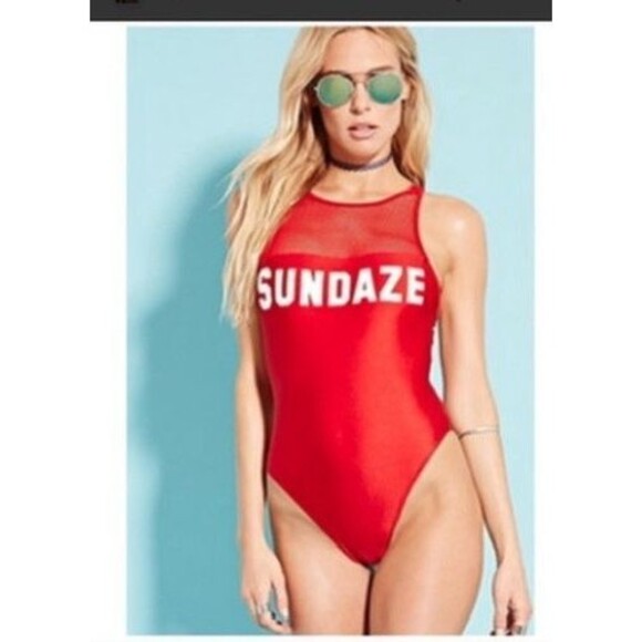 Forever 21 Red One Piece High Leg Graphic BATHING Suit “Sundaze” LG BEACHY - Picture 1 of 10